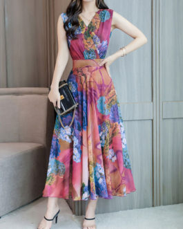 Chiffon Sleeveless V Neck Swing Floral Maxi Dress