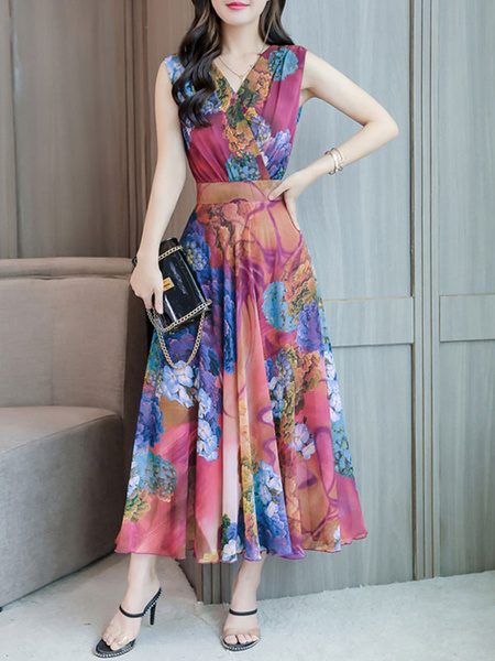 Chiffon Sleeveless V Neck Swing Floral Maxi Dress - Power Day Sale