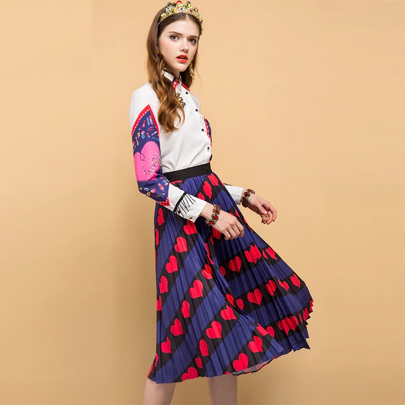 Heart Printed Embroider Skirt Two Pieces Set - Power Day Sale
