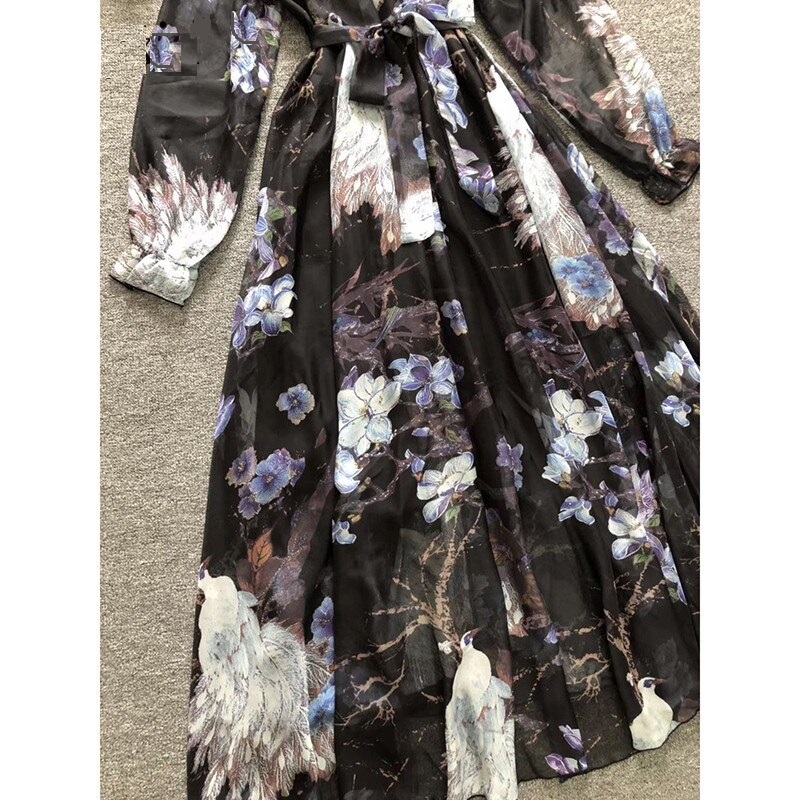Designer Long Sleeve Robe Peacock Flower Print Elegant Dress - Power ...