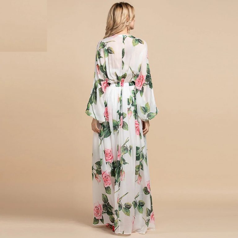 Elegant Flowers Print Long Sleeve Maxi Dress Power Day Sale