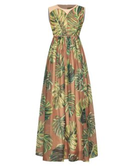 Elegant High Waist Banana Leaf Print Tank Maxi Dress