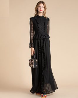 Fashion Designer Solid Mesh Lace Sleeve Floral Embroidery Ruffles Maxi Dress