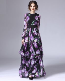 Fashion Runway Long Sleeve Vintage Tiered Tulip Floral Printed Long Dress
