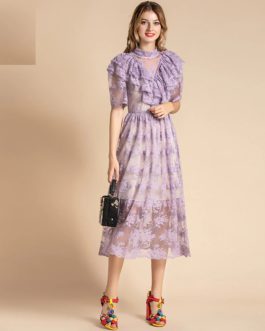 Fashion Runway Solid Ruffles Ruched Floral Mesh Party Lace Dress