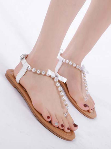 Flat Pearls Chic T-String White Sandals - Power Day Sale