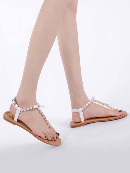 Flat Pearls Chic T-String White Sandals - Power Day Sale