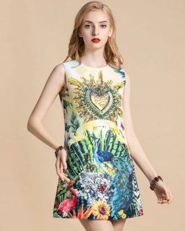 Floral Print Crystal Beading Sleeveless Mini Dress