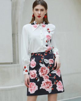Fashion Designer Floral-Print Shirt+Beaded Elegant Skirt set