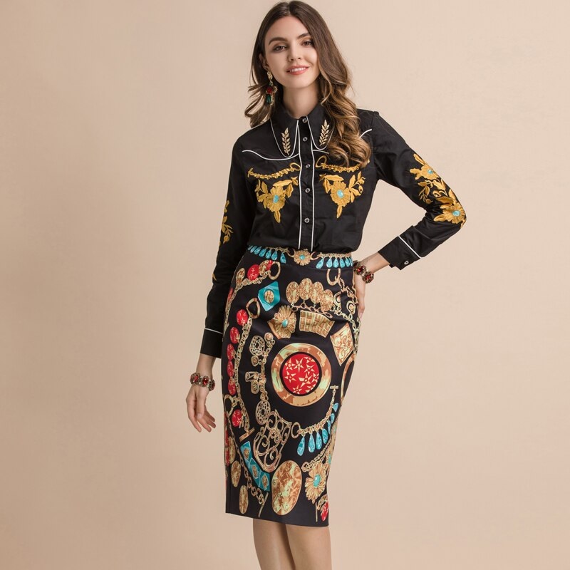 Embroidery Shirts+Geometric Print Midi Skirt Suit - Power Day Sale