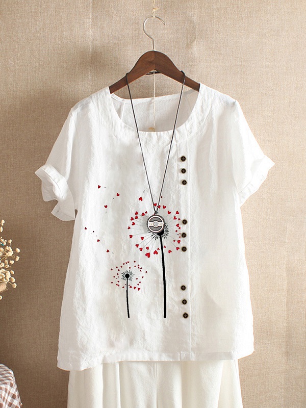 Flower Print O-neck Button Short Sleeve Vintage T-shirts - Power Day Sale