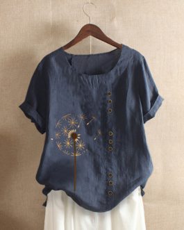 Flower Printed Short Sleeve O-Neck Button Casual Overhead T-shirt