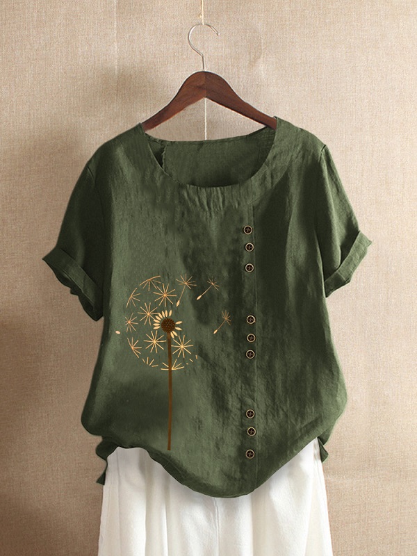 Flower Printed Short Sleeve O-Neck Button Casual Overhead T-shirt ...