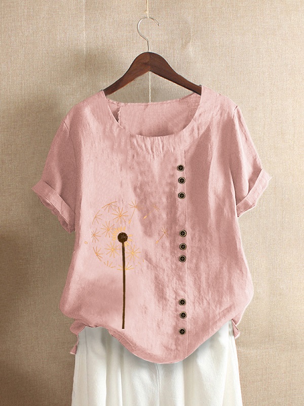 Flower Printed Short Sleeve O-Neck Button Casual Overhead T-shirt ...