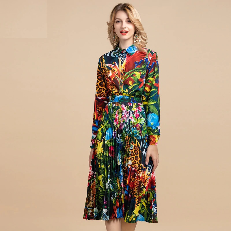Leopard Floral Print Pleated Midi Skirt Set - Power Day Sale