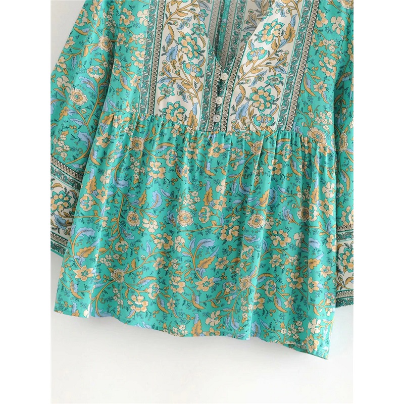 Long Sleeve Floral Printed V-Neck Blouse Shirts - Power Day Sale