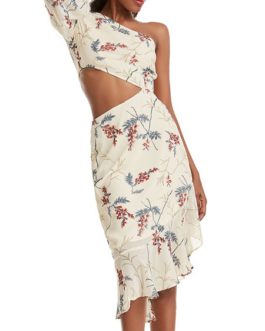 One Shoulder Floral Printed Cut Out Beach Dress