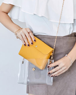 Patent Leather Butterscotch Cross-body Bag – Clear Envelope Gold Strap