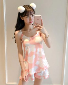 Round Neck Printed Top And Front Shorts Slings Sleepwear