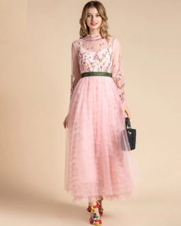 Runway Elegant Long Sleeve Floral Embroidery Mesh Patchwork Party Dress
