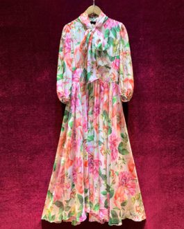 Runway Vintage Bow Collar Lantern Sleeve Flower Print Chiffon Dress