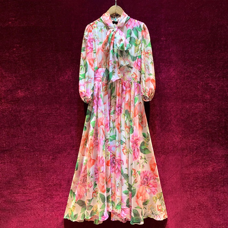 Runway Vintage Bow Collar Lantern Sleeve Flower Print Chiffon Dress
