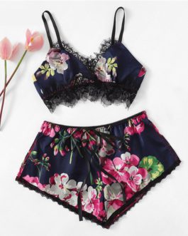Sexy Satin Sleeveless Sling and Shorts Lace Floral Sleepwear