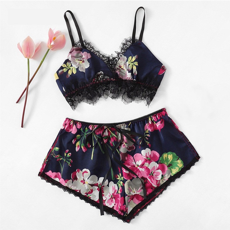 Sexy Satin Sleeveless Sling and Shorts Lace Floral Sleepwear - Power ...