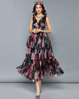 Sexy V Neck Sleeveless Vintage Rose Floral Print Ruffles Holiday Dress