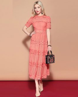 Short Sleeve Solid Floral Hollow out Embroidered Mid Calf Elegant Dress