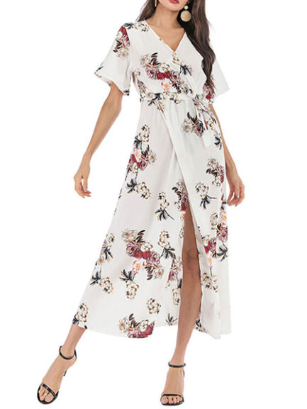 Split Wrap Short Sleeves Chiffon Floral Maxi Dress - Power Day Sale