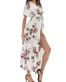 Split Wrap Short Sleeves Chiffon Floral Maxi Dress