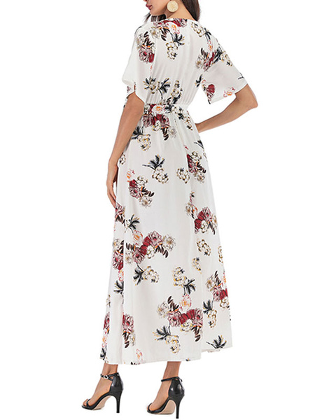 Split Wrap Short Sleeves Chiffon Floral Maxi Dress - Power Day Sale