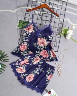 Stain Lace Floral Sling Silk Two Piece Sleepwear