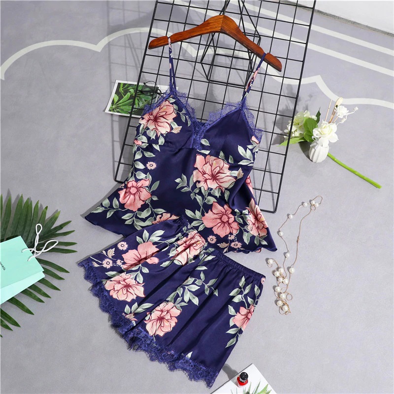 Stain Lace Floral Sling Silk Two Piece Sleepwear - Power Day Sale