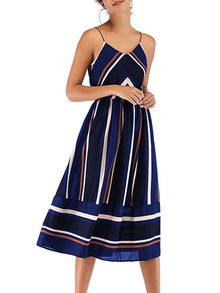 Straps Neck Stripes Chiffon Beach Dress - Power Day Sale