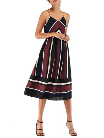 Straps Neck Stripes Chiffon Beach Dress - Power Day Sale