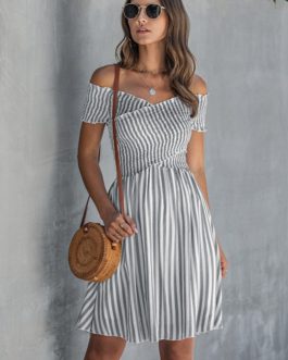 Stripe Sexy Off Shoulder Streetwear Elegant Crossed Short Sleeve Short Dress