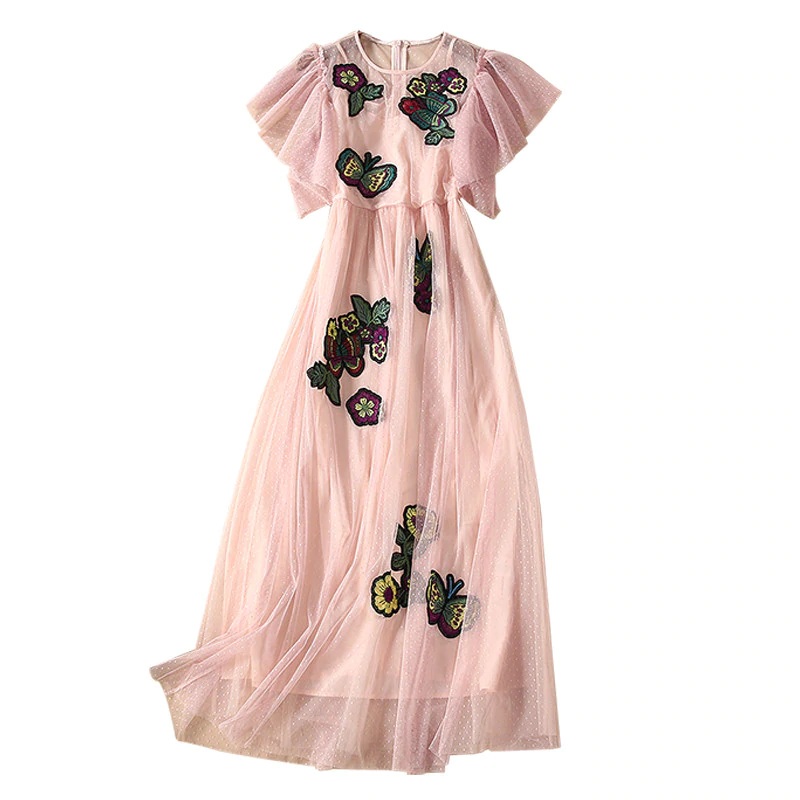 Vintage Floral Embroidery Ruffles Sleeve Long Elegant Dress - Power Day ...