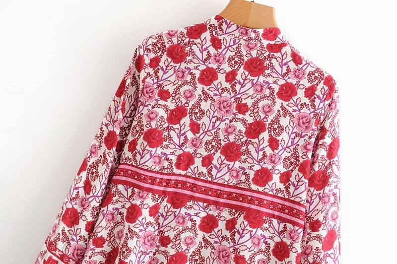 Vintage Floral Printed V-Neck Lace-Up Bohemian Blouse - Power Day Sale