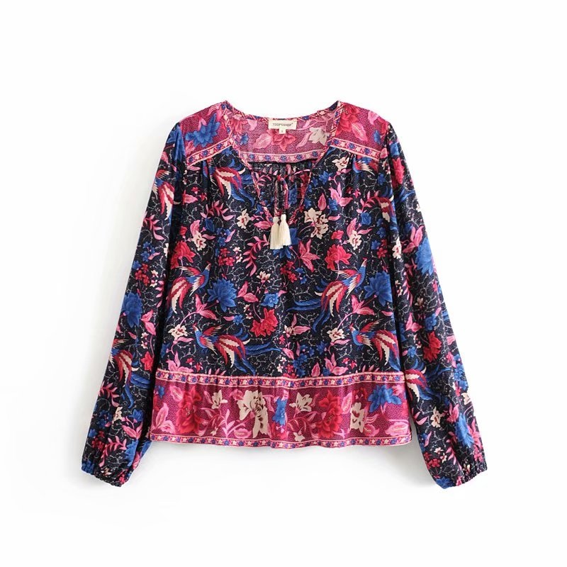 Floral Print Long Sleeve Ruffles Blouse - Power Day Sale