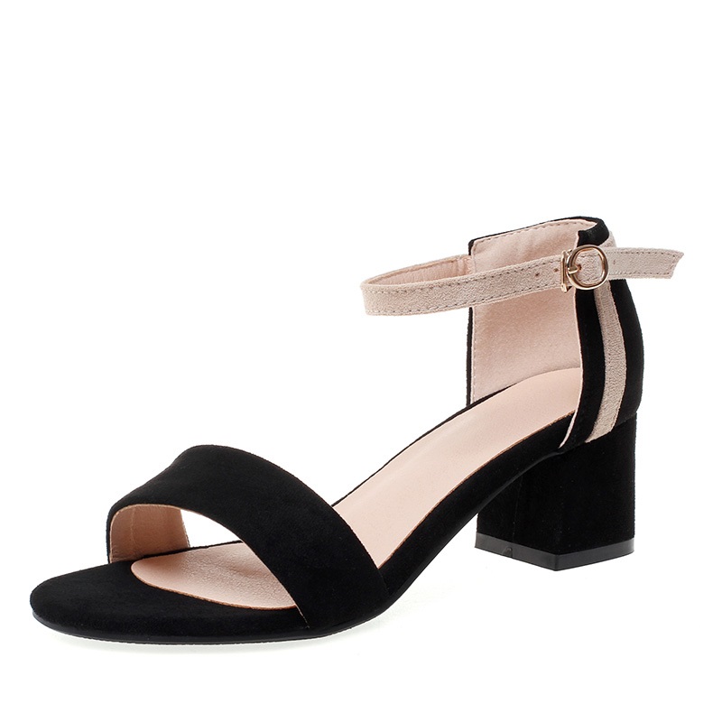 Ankle Strap Stitching Flock Thick High Heels Sandals - Power Day Sale