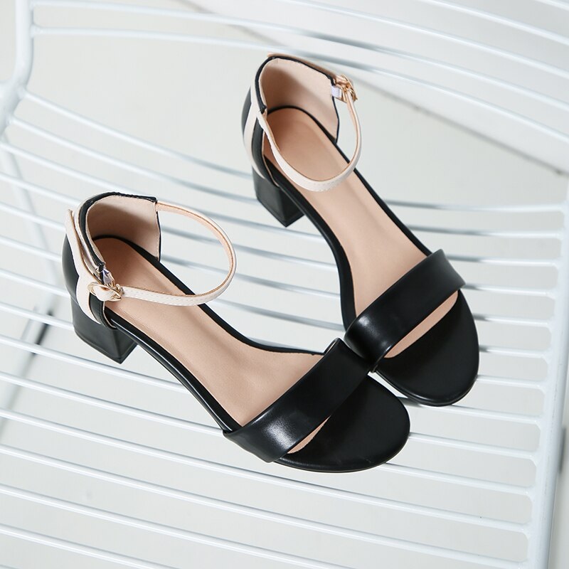 Ankle Strap Stitching Pu Thick High Heels Sandals 9.5