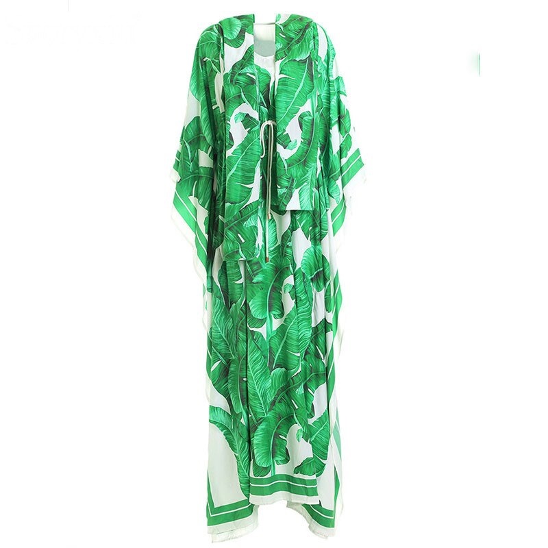 Banana leaf Print Batwing Sleeve Long Maxi Dress - Power Day Sale