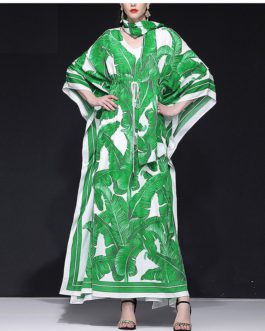 Banana leaf Print Batwing Sleeve Long Maxi Dress