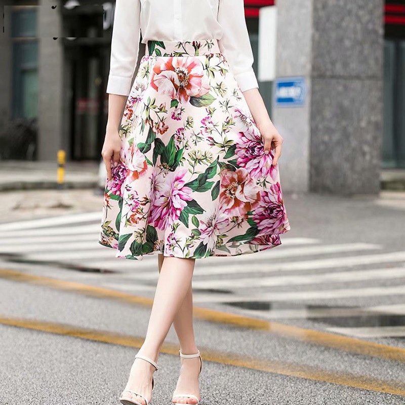 Charming Flower Print High Waist Mid-Calf Skirt - Power Day Sale