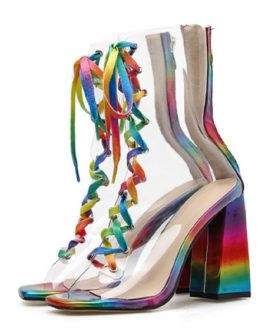 Clear Boots Lace Up Peep Toe Rainbow Flared Heel Perspex Booties