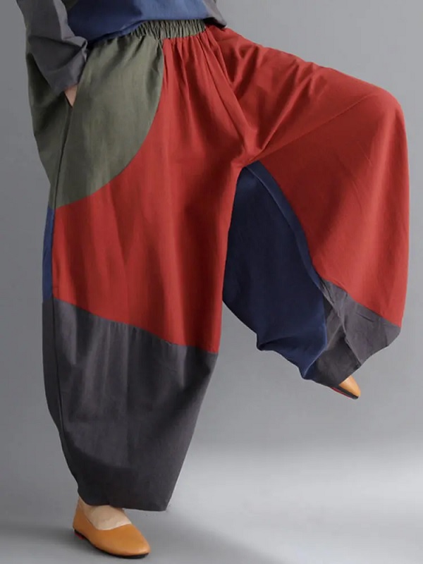 Contrast Color Patchwork Loose Elastic Waist Harem Pant