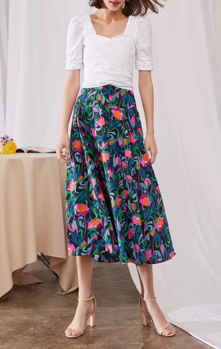 Cotton Flower Print Fashion High Waist Long Skirt - Power Day Sale