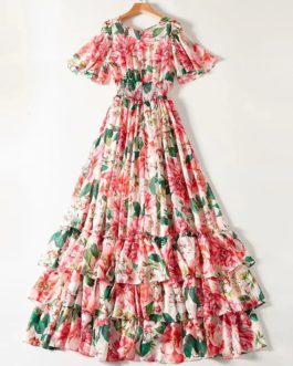 Designer Flower Print Elastic Waist Party Maxi Dress